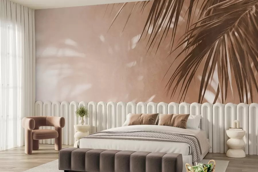 murais de parede Folhas de palmeira texturizadas com sombras, um ambiente tropical, minimalismo w09890