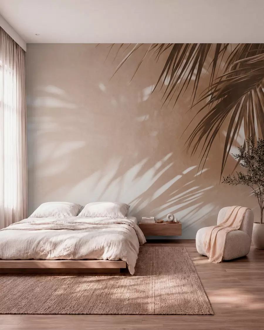 murais de parede Folhas de palmeira texturizadas com sombras, um ambiente tropical, minimalismo w09890