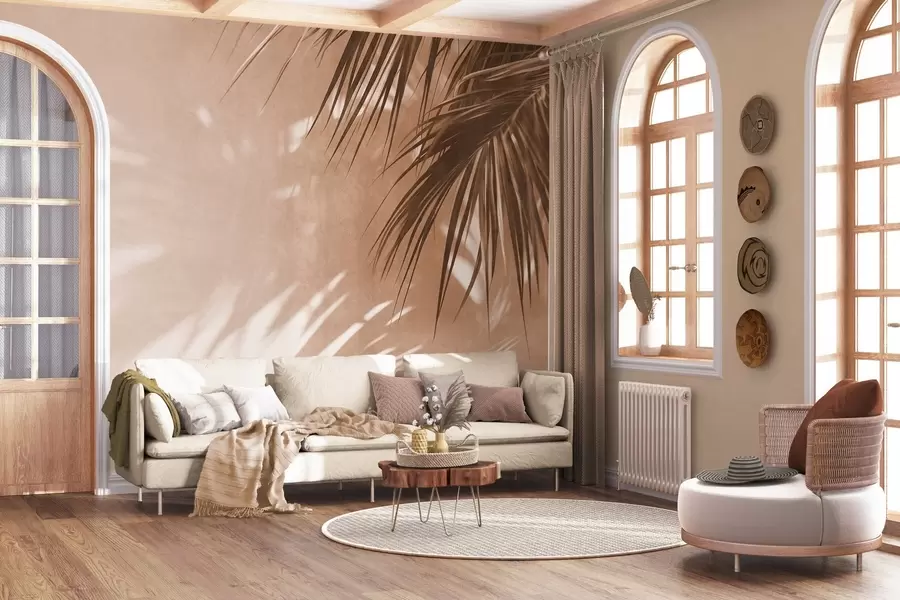 murais de parede Folhas de palmeira texturizadas com sombras, um ambiente tropical, minimalismo w09890