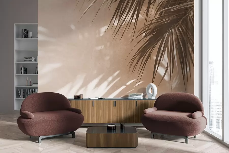 murais de parede Folhas de palmeira texturizadas com sombras, um ambiente tropical, minimalismo w09890