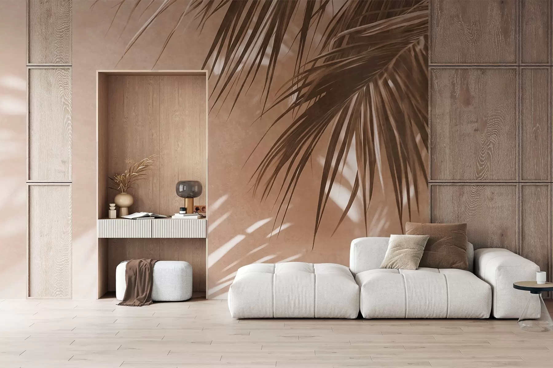 murais de parede Folhas de palmeira texturizadas com sombras, um ambiente tropical, minimalismo w09890