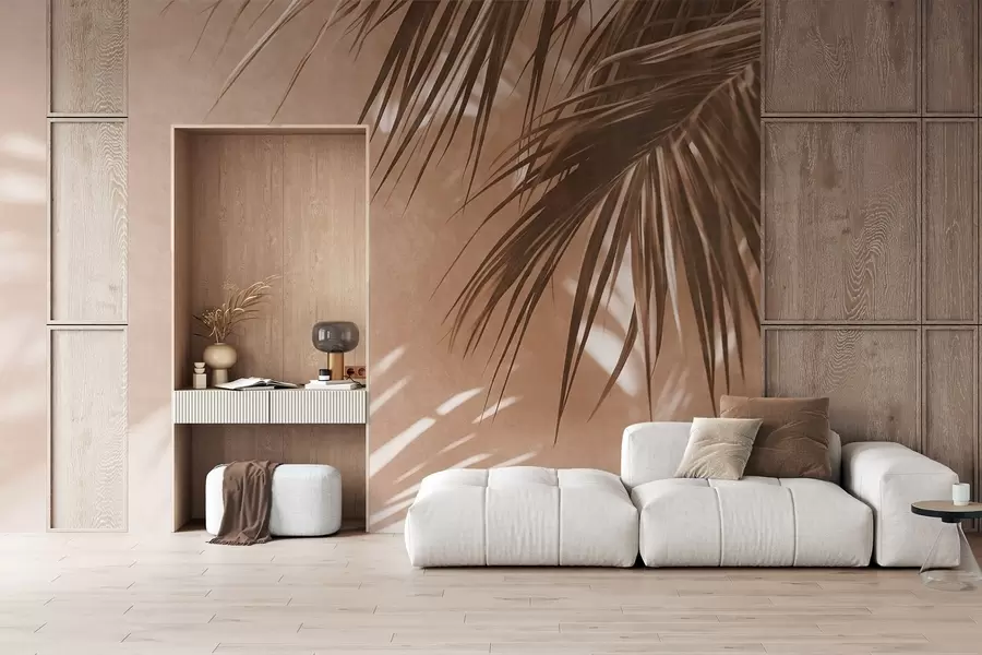 murais de parede Folhas de palmeira texturizadas com sombras, um ambiente tropical, minimalismo w09890