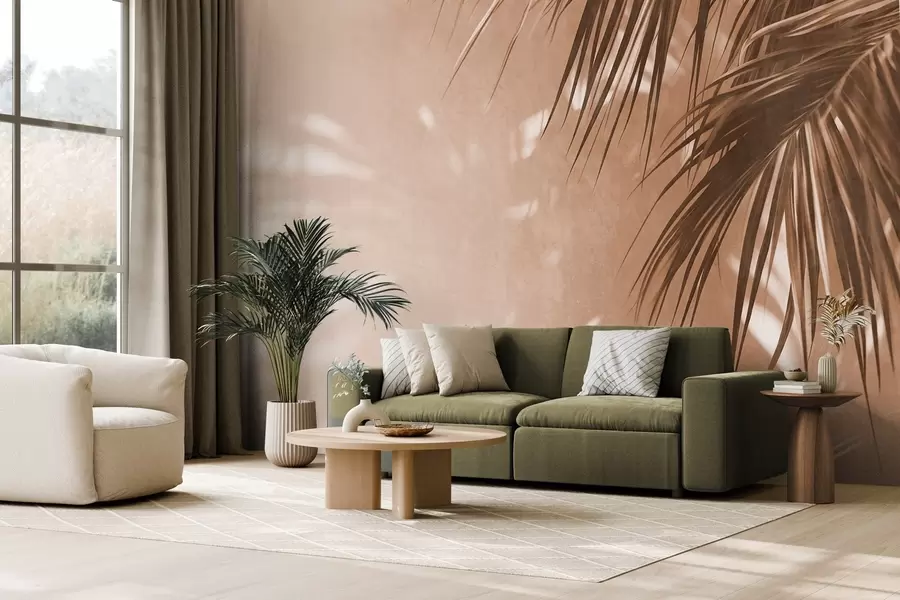 murais de parede Folhas de palmeira texturizadas com sombras, um ambiente tropical, minimalismo w09890
