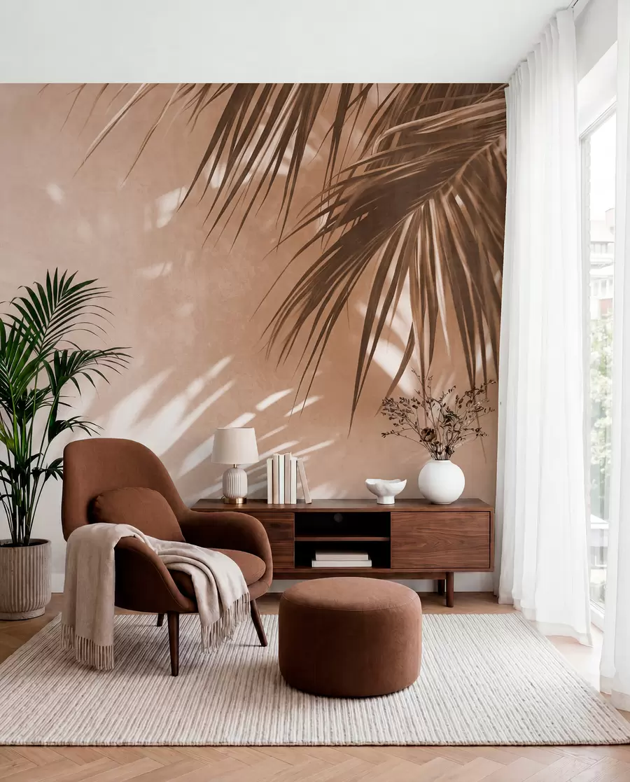 murais de parede Folhas de palmeira texturizadas com sombras, um ambiente tropical, minimalismo w09890