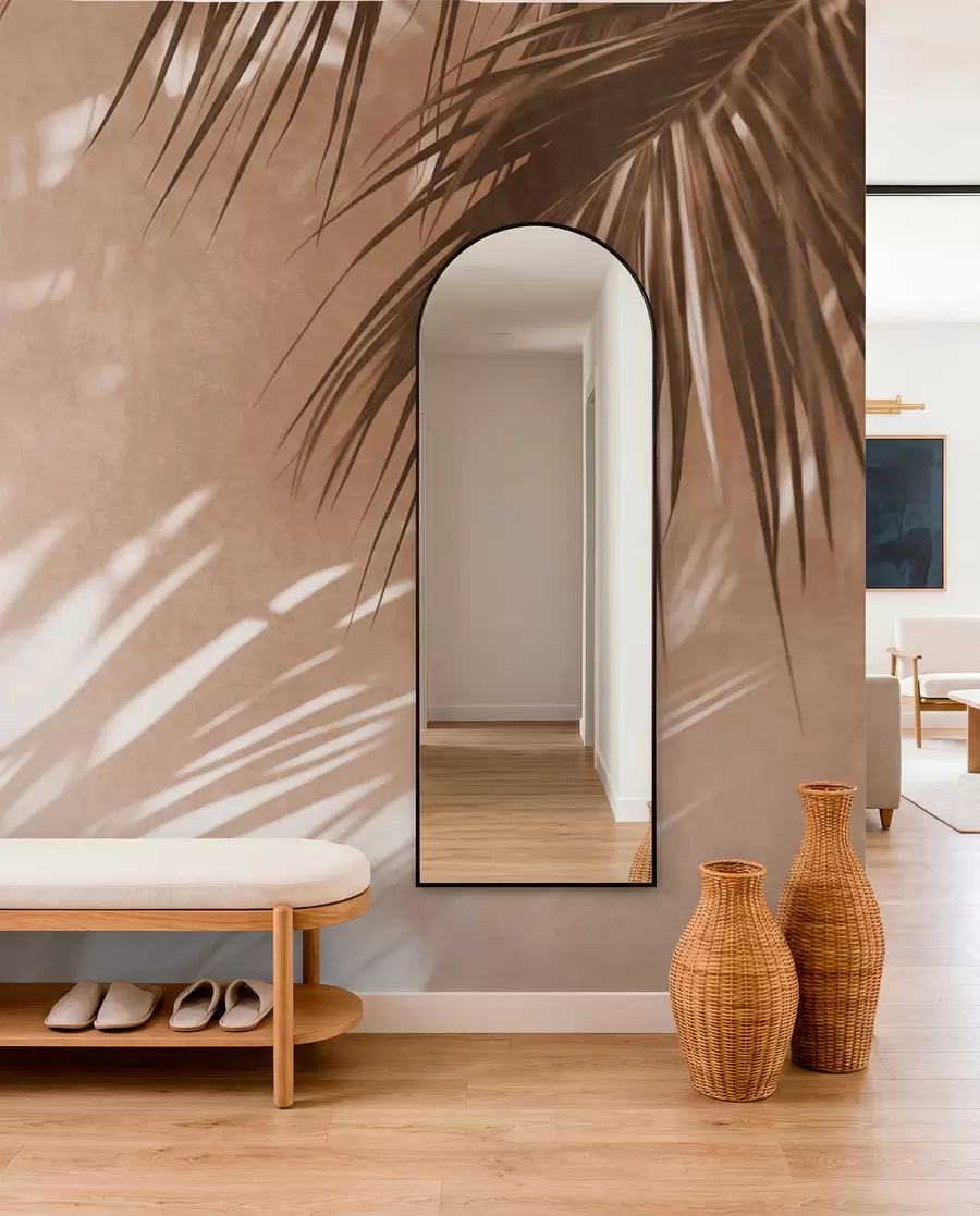 murais de parede Folhas de palmeira texturizadas com sombras, um ambiente tropical, minimalismo w09890
