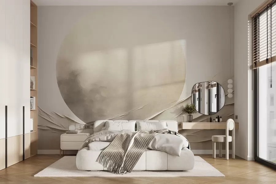 murais de parede Formas abstratas, onduladas e em tons de creme, com uma grande esfera clara; arte moderna minimalista w09895