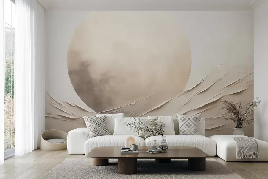 murais de parede Formas abstratas, onduladas e em tons de creme, com uma grande esfera clara; arte moderna minimalista w09895