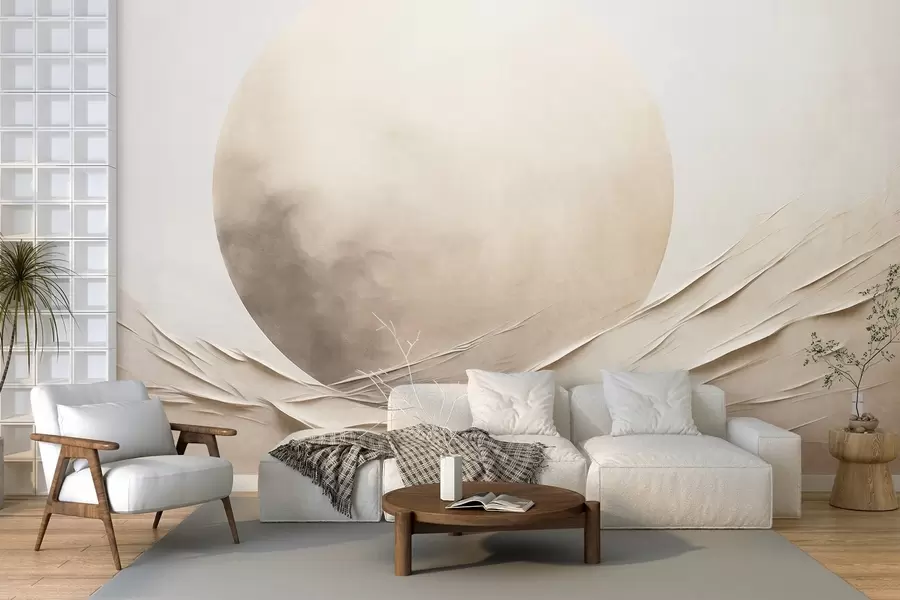 murais de parede Formas abstratas, onduladas e em tons de creme, com uma grande esfera clara; arte moderna minimalista w09895