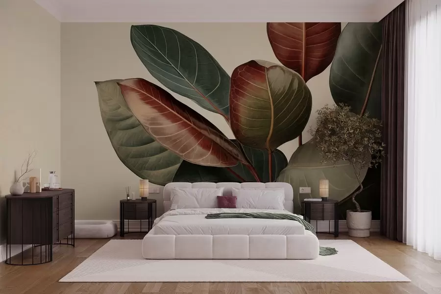 murais de parede Folhas grandes e texturizadas, com tons variados de verde, vermelho e marrom, sobre um fundo claro w09891