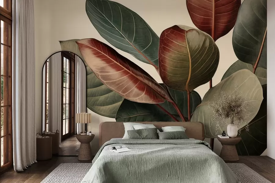 murais de parede Folhas grandes e texturizadas, com tons variados de verde, vermelho e marrom, sobre um fundo claro w09891