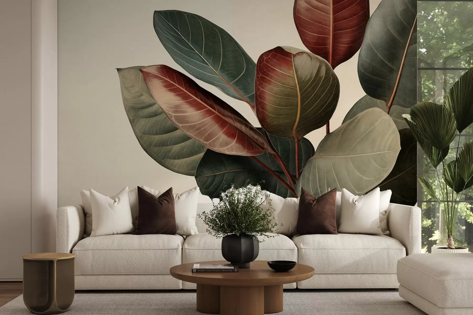 murais de parede Folhas grandes e texturizadas, com tons variados de verde, vermelho e marrom, sobre um fundo claro w09891