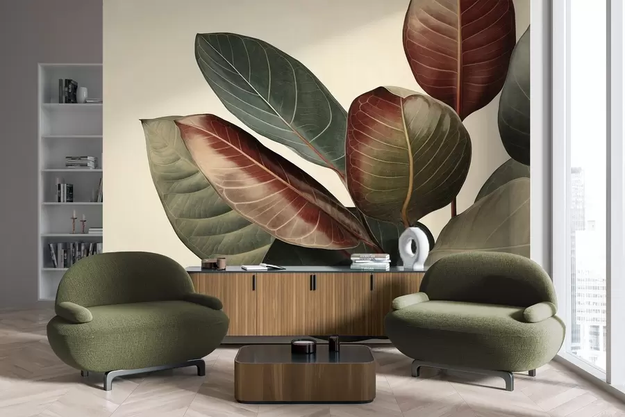 murais de parede Folhas grandes e texturizadas, com tons variados de verde, vermelho e marrom, sobre um fundo claro w09891