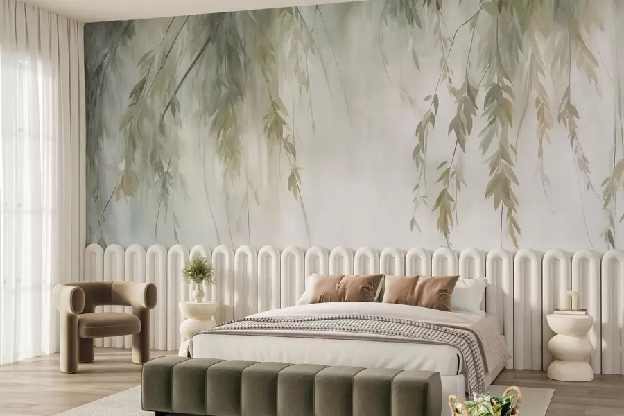 murais de parede Galhos de salgueiro com folhas verde-claras pendentes contra um fundo em tons suaves, no estilo aquarela w09893