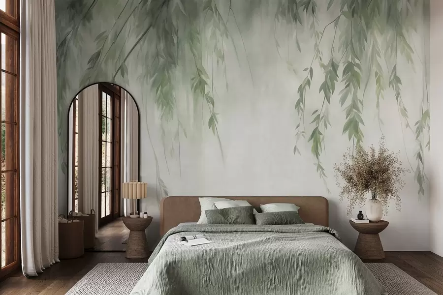 murais de parede Galhos de salgueiro com folhas verde-claras pendentes contra um fundo suave em estilo aquarela w09893v1