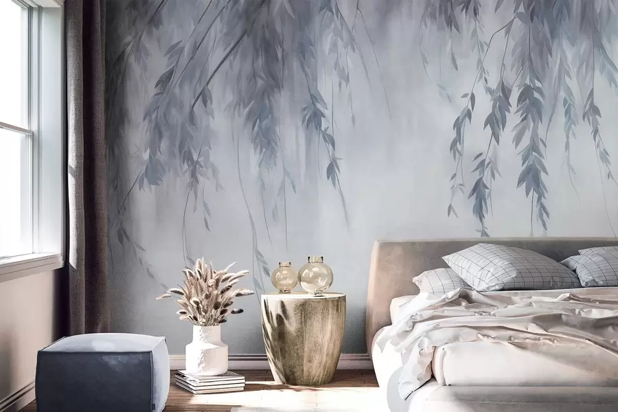 murais de parede Galhos de salgueiro com folhas azul-claras pendentes sobre um fundo suave em estilo aquarela w09893v2
