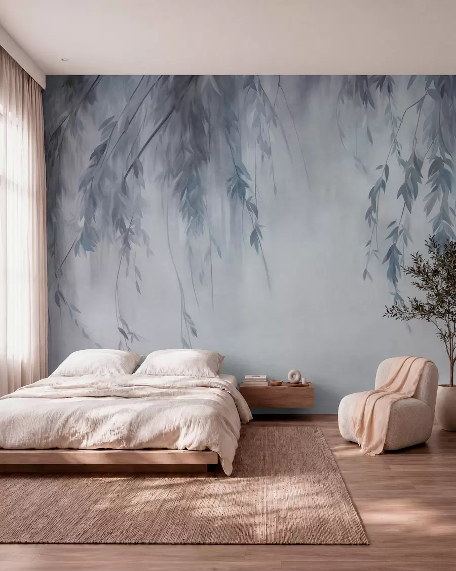 murais de parede Galhos de salgueiro com folhas azul-claras pendentes sobre um fundo suave em estilo aquarela w09893v2