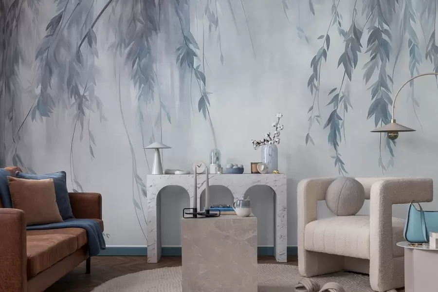murais de parede Galhos de salgueiro com folhas azul-claras pendentes sobre um fundo suave em estilo aquarela w09893v2