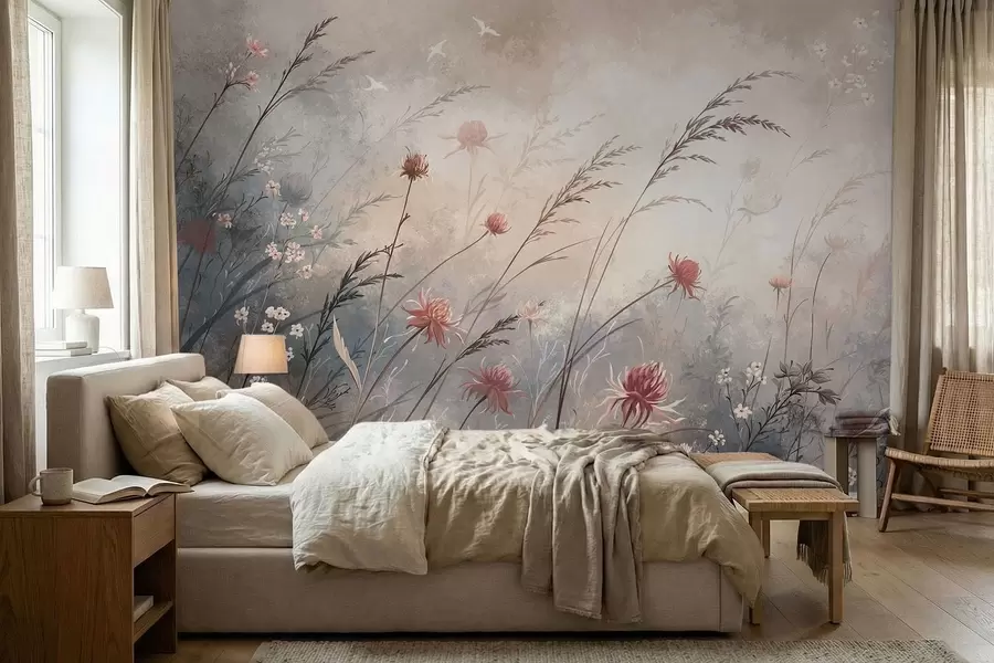 murais de parede Delicadas flores silvestres em um cenário nebuloso em tons pastéis w05538