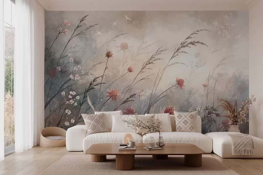 murais de parede Delicadas flores silvestres em um cenário nebuloso em tons pastéis w05538