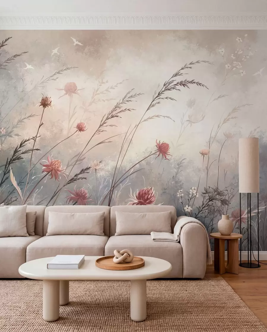 murais de parede Delicadas flores silvestres em um cenário nebuloso em tons pastéis w05538