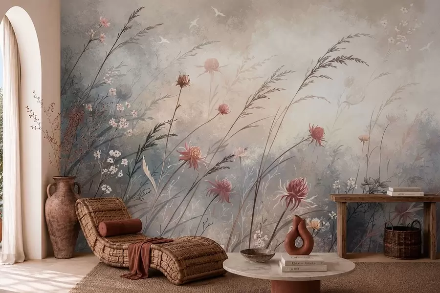 murais de parede Delicadas flores silvestres em um cenário nebuloso em tons pastéis w05538