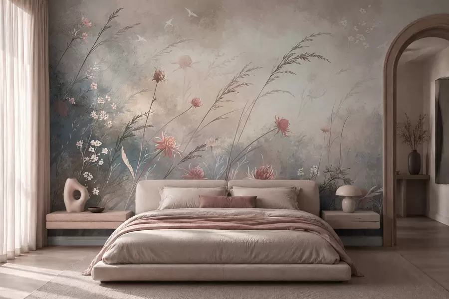 murais de parede Flores silvestres em tons pastéis sobre um fundo suave e difuso w05538v1