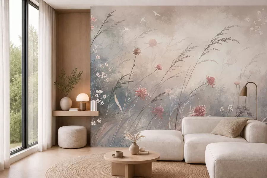 murais de parede Flores silvestres em tons pastéis sobre um fundo suave e difuso w05538v1