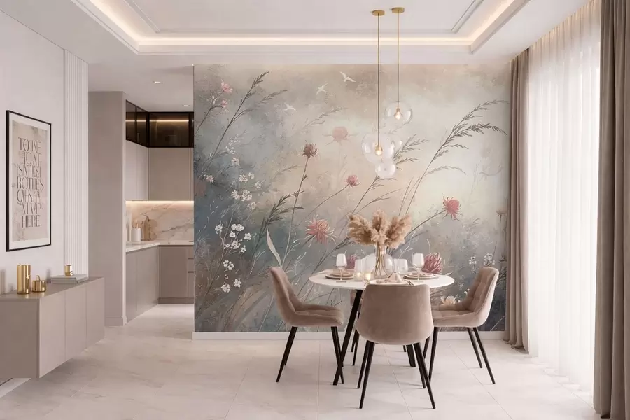 murais de parede Flores silvestres em tons pastéis sobre um fundo suave e difuso w05538v1
