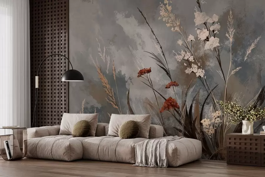 murais de parede Gramíneas e flores de prado sobre um fundo artístico cinza w05539v1