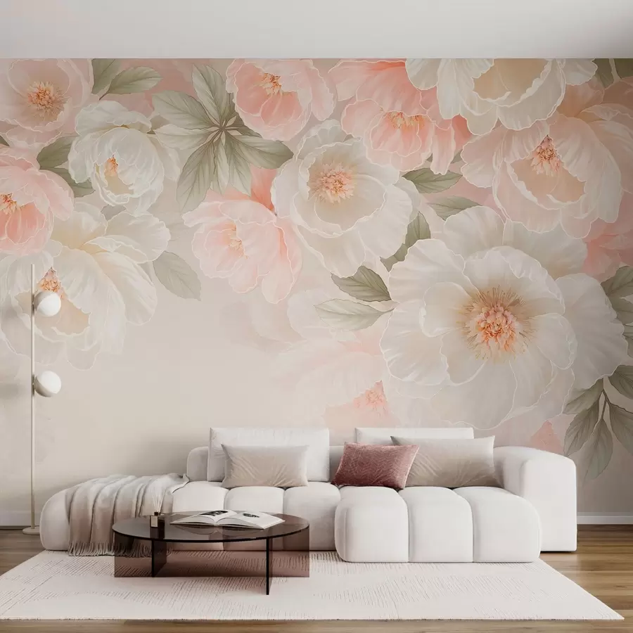 murais de parede Flores grandes e delicadas em tons de rosa e creme w05540