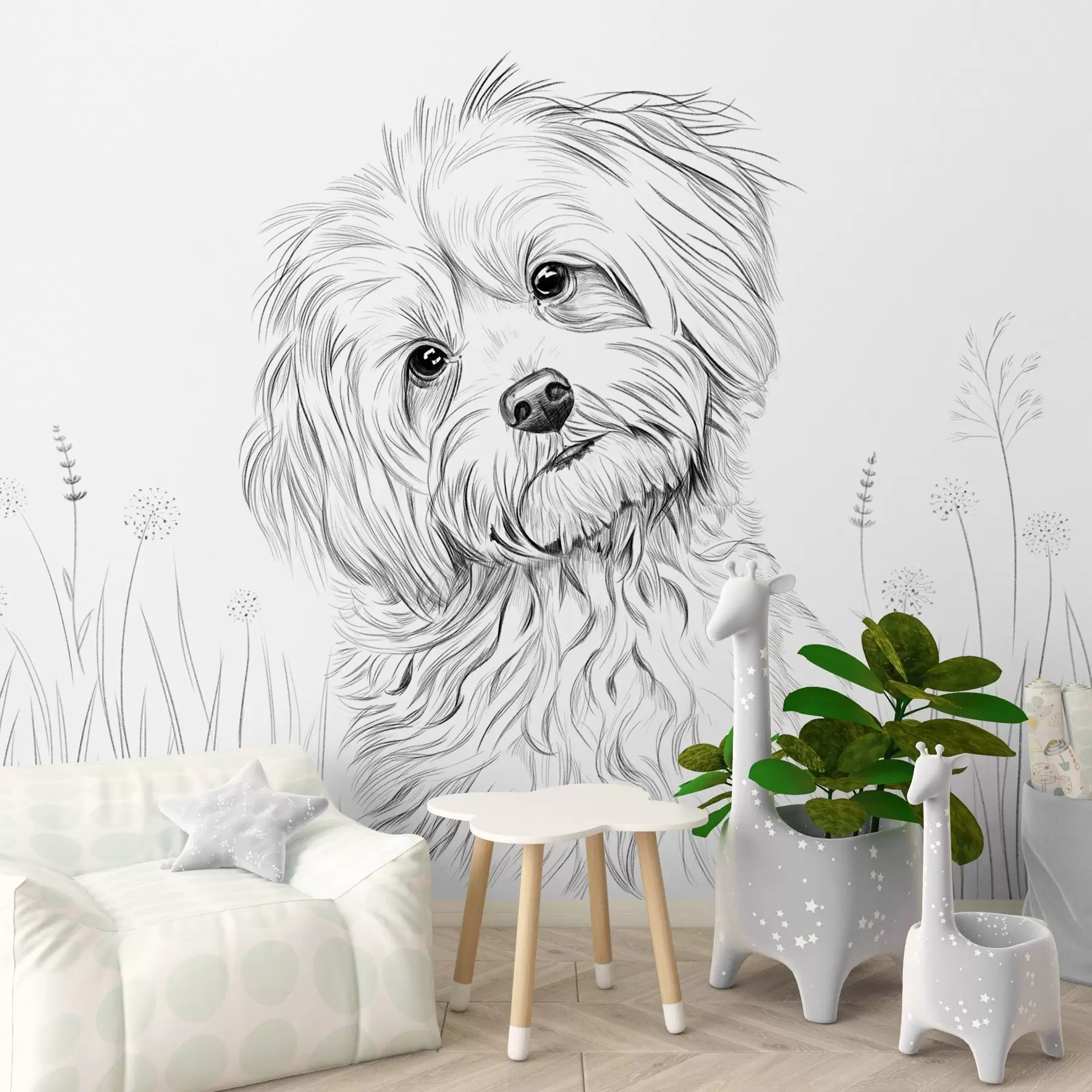 murais de parede Um desenho fofo de um cachorro na grama w05656