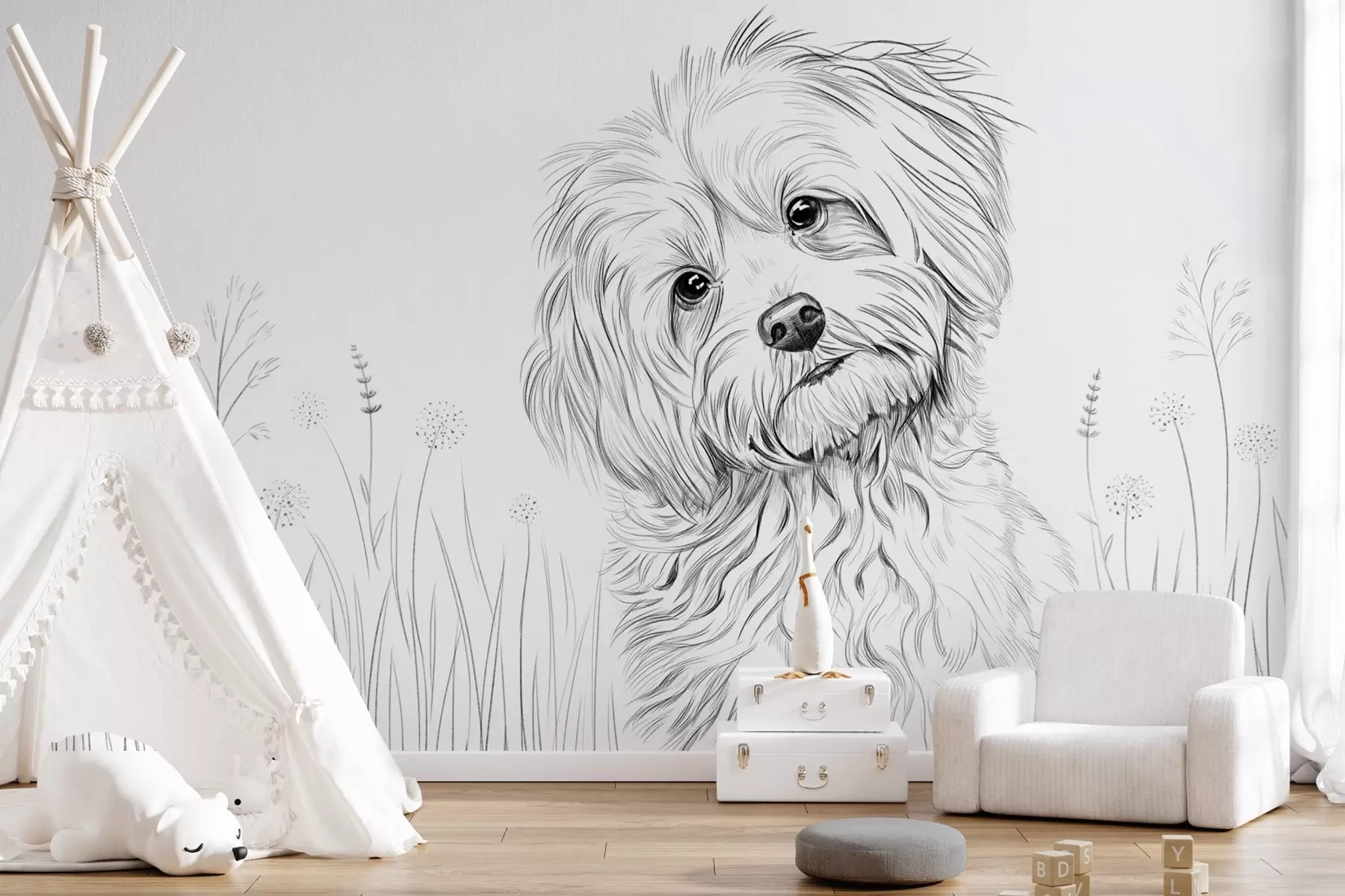 murais de parede Um desenho fofo de um cachorro na grama w05656