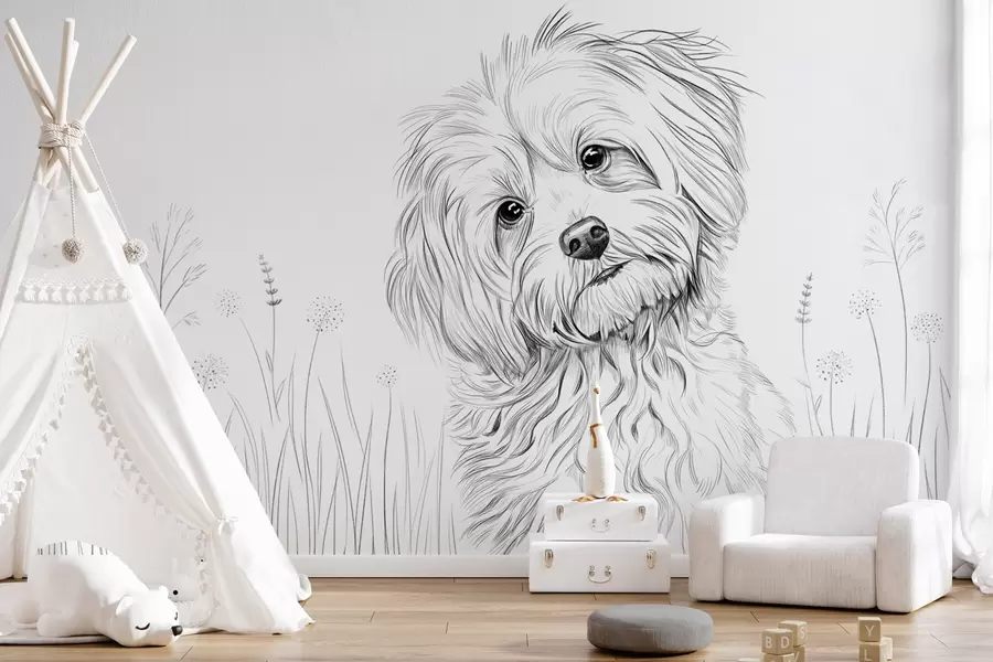 murais de parede Um desenho fofo de um cachorro na grama w05656