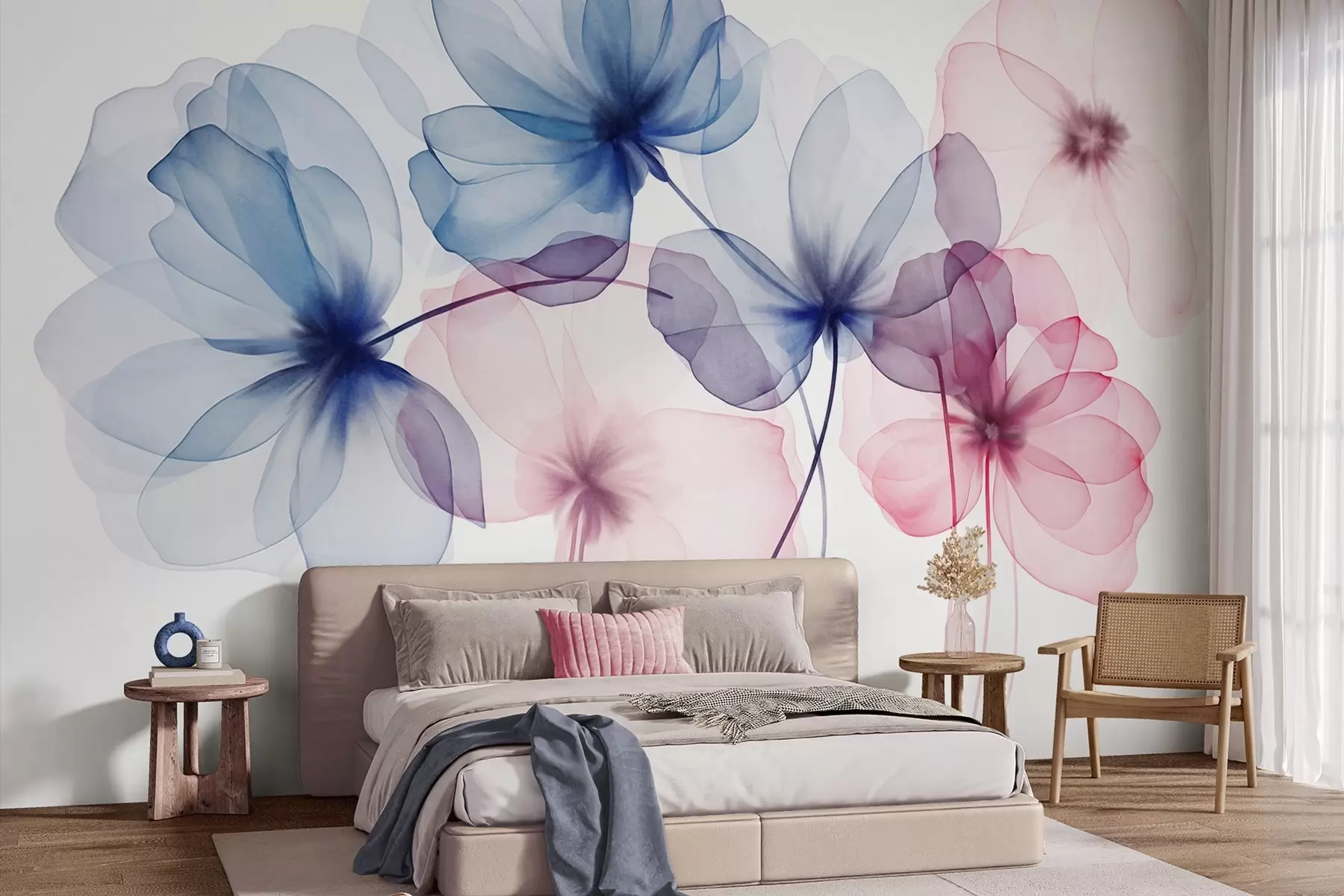 murais de parede Flores azuis e rosa translúcidas com textura sobre um fundo claro, com pétalas delicadas sobrepostas w09892