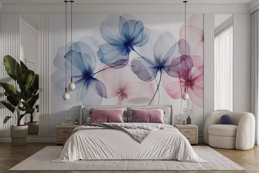 murais de parede Flores azuis e rosa translúcidas com textura sobre um fundo claro, com pétalas delicadas sobrepostas w09892