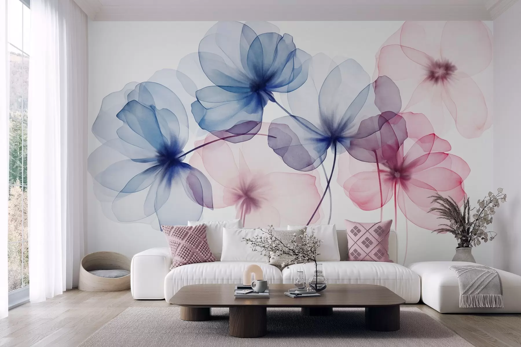 murais de parede Flores azuis e rosa translúcidas com textura sobre um fundo claro, com pétalas delicadas sobrepostas w09892