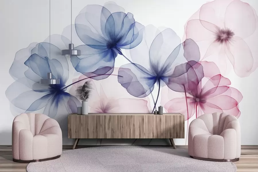 murais de parede Flores azuis e rosa translúcidas com textura sobre um fundo claro, com pétalas delicadas sobrepostas w09892