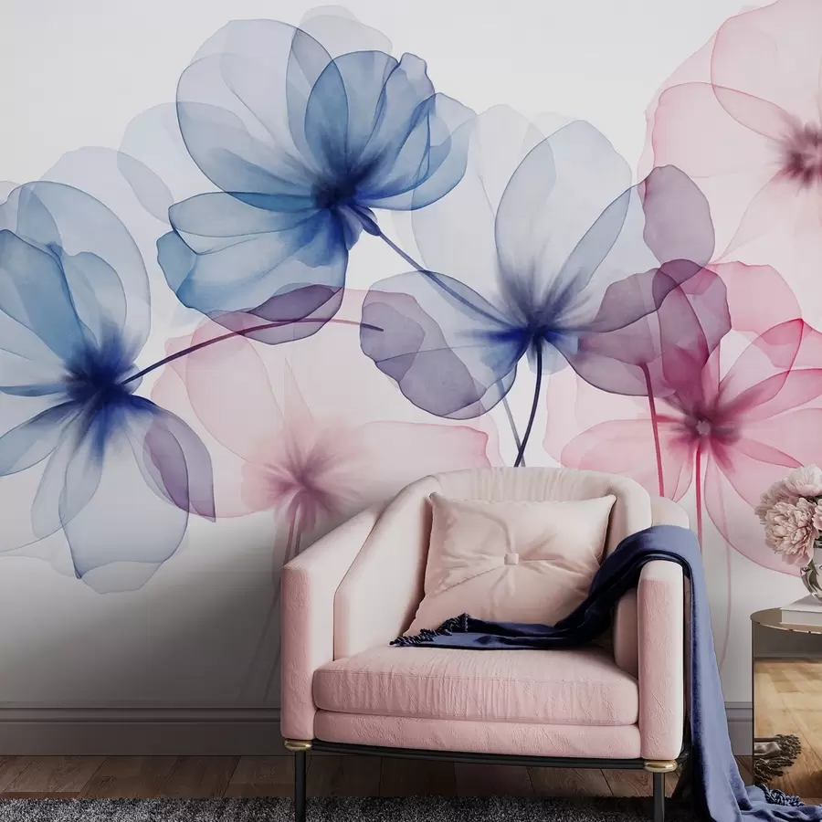 murais de parede Flores azuis e rosa translúcidas com textura sobre um fundo claro, com pétalas delicadas sobrepostas w09892