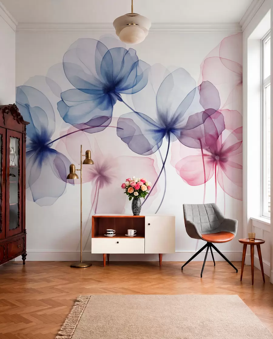 murais de parede Flores azuis e rosa translúcidas com textura sobre um fundo claro, com pétalas delicadas sobrepostas w09892