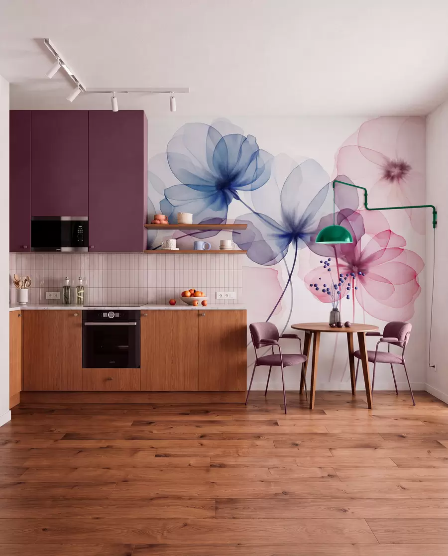 murais de parede Flores azuis e rosa translúcidas com textura sobre um fundo claro, com pétalas delicadas sobrepostas w09892