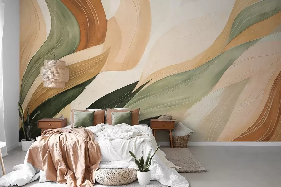 murais de parede Formas orgânicas abstratas em tons terrosos de verde, marrom e bege, com texturas fluidas w09894