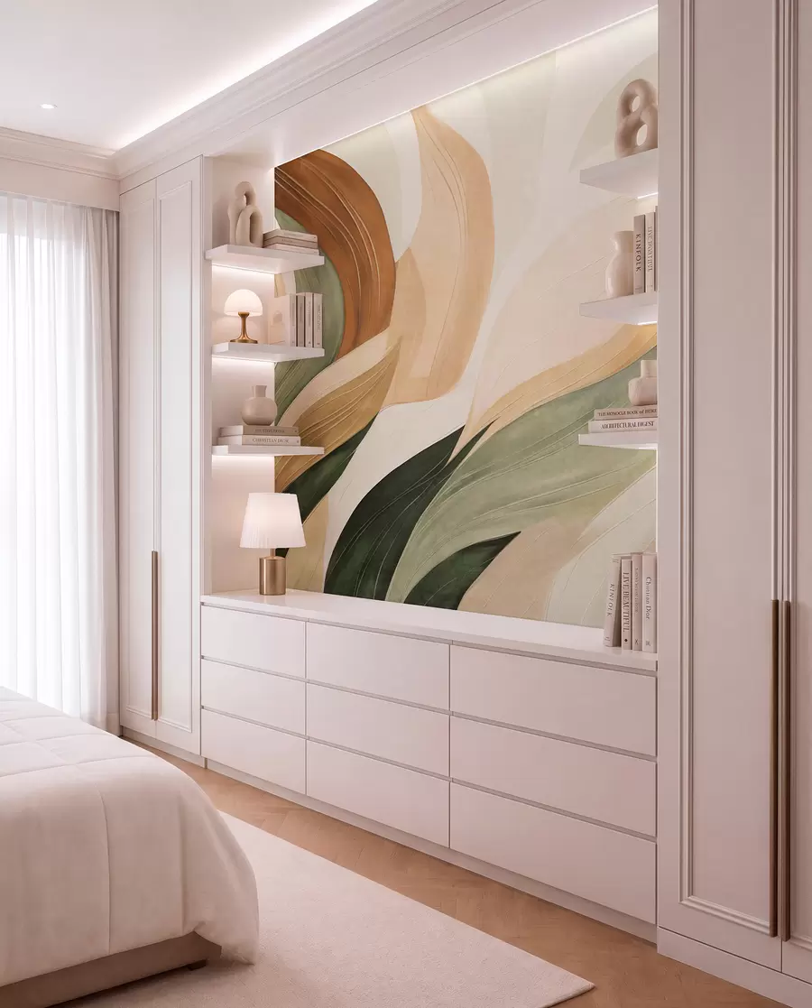 murais de parede Formas orgânicas abstratas em tons terrosos de verde, marrom e bege, com texturas fluidas w09894