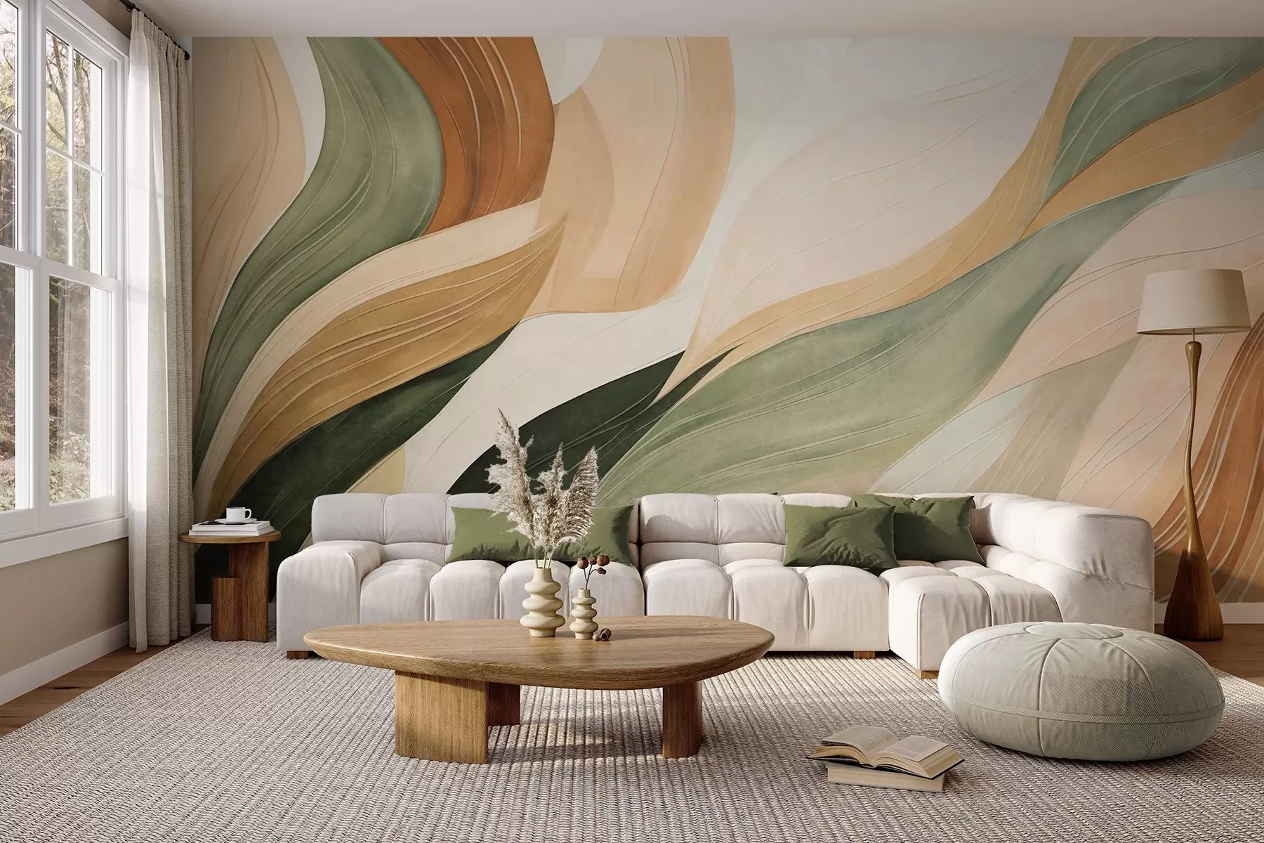 murais de parede Formas orgânicas abstratas em tons terrosos de verde, marrom e bege, com texturas fluidas w09894