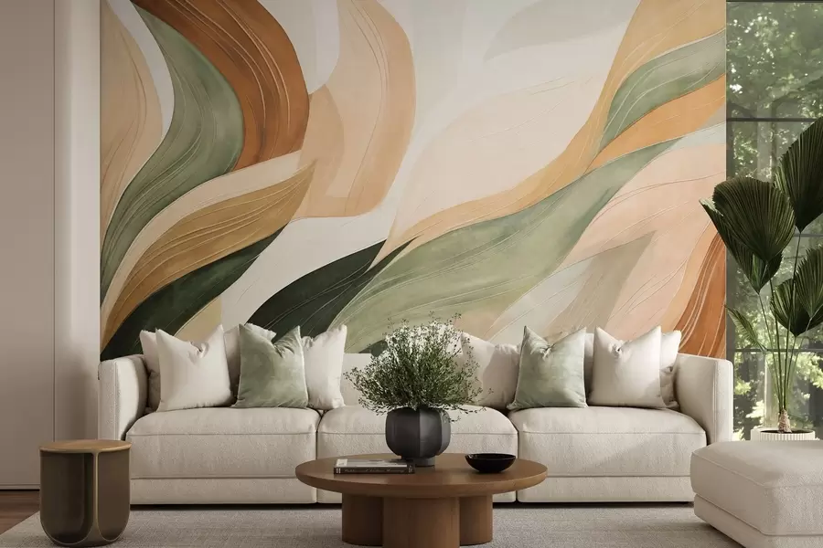 murais de parede Formas orgânicas abstratas em tons terrosos de verde, marrom e bege, com texturas fluidas w09894