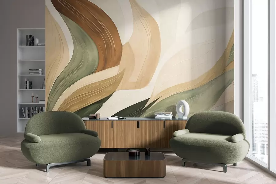 murais de parede Formas orgânicas abstratas em tons terrosos de verde, marrom e bege, com texturas fluidas w09894