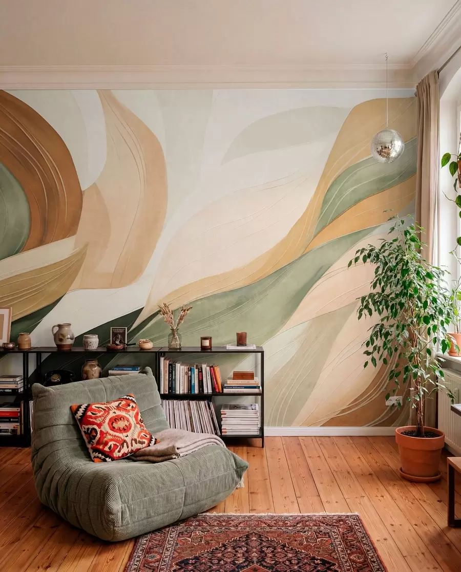 murais de parede Formas orgânicas abstratas em tons terrosos de verde, marrom e bege, com texturas fluidas w09894