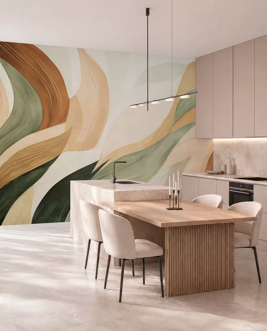 murais de parede Formas orgânicas abstratas em tons terrosos de verde, marrom e bege, com texturas fluidas w09894