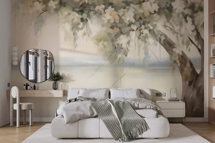 murais de parede Pintura que imita uma árvore à beira do lago w05670