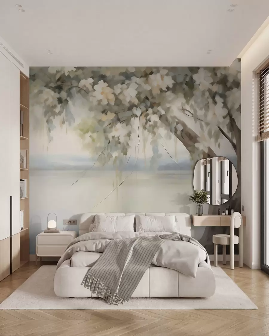 murais de parede Pintura que imita uma árvore à beira do lago w05670