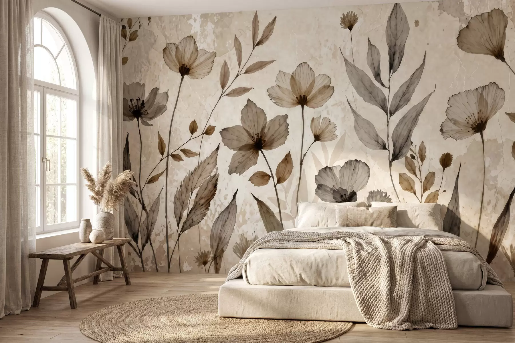 murais de parede Delicadas flores silvestres pintadas em aquarela, numa suave paleta de tons bege e creme w09875